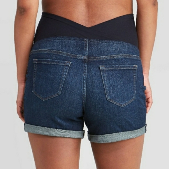 Size 16 NWT 1 Pair of Maternity Midi Shorts Medium Blue Denim Crossover Panel - Picture 8 of 11